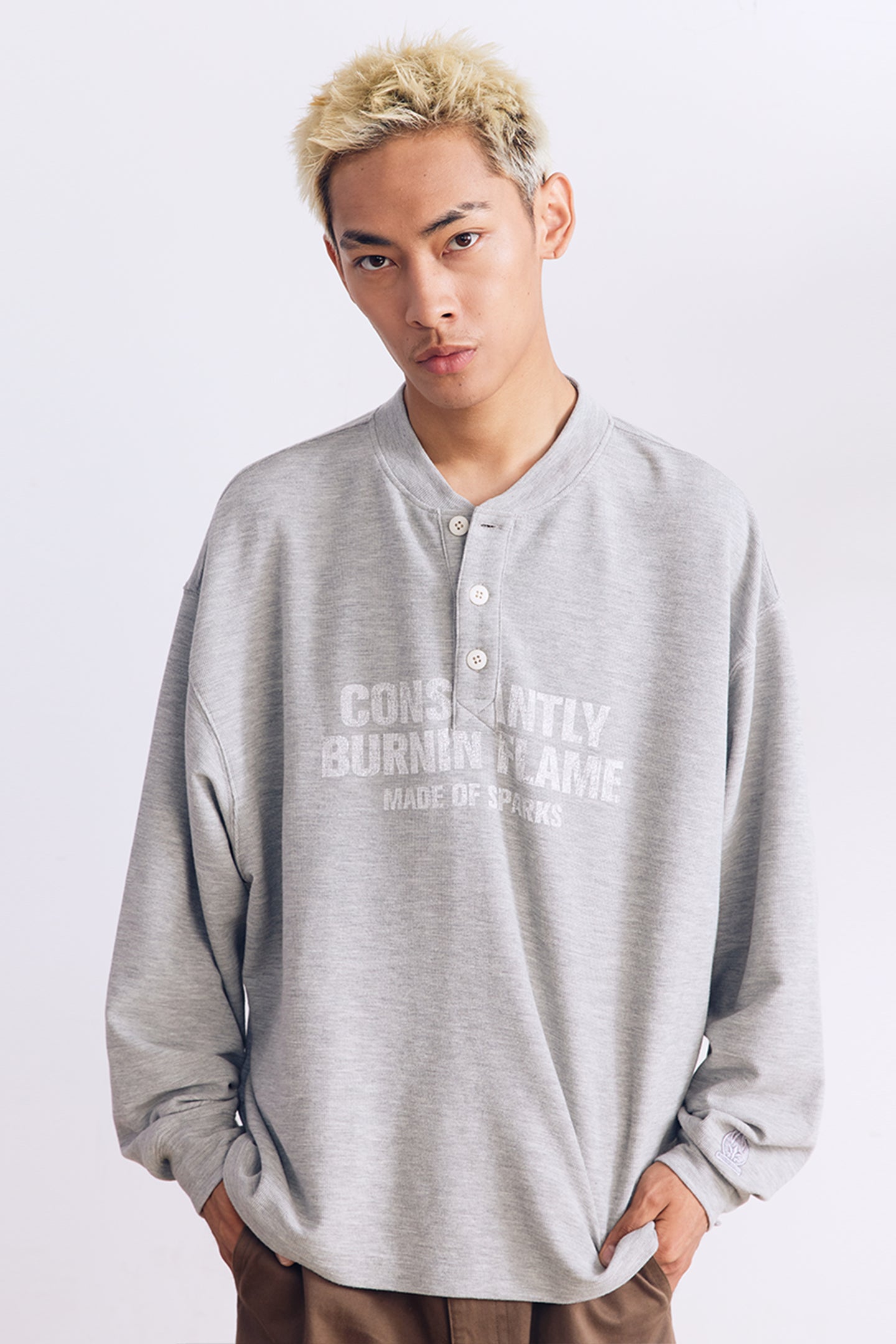 BURNIN*97'Series Worn Slogan Waffle Henley Collar Long Sleeve T-shirt - PSYLOS 1, BURNIN*97'Series Worn Slogan Waffle Henley Collar Long Sleeve T-shirt, T-shirt, Burnin, PSYLOS 1